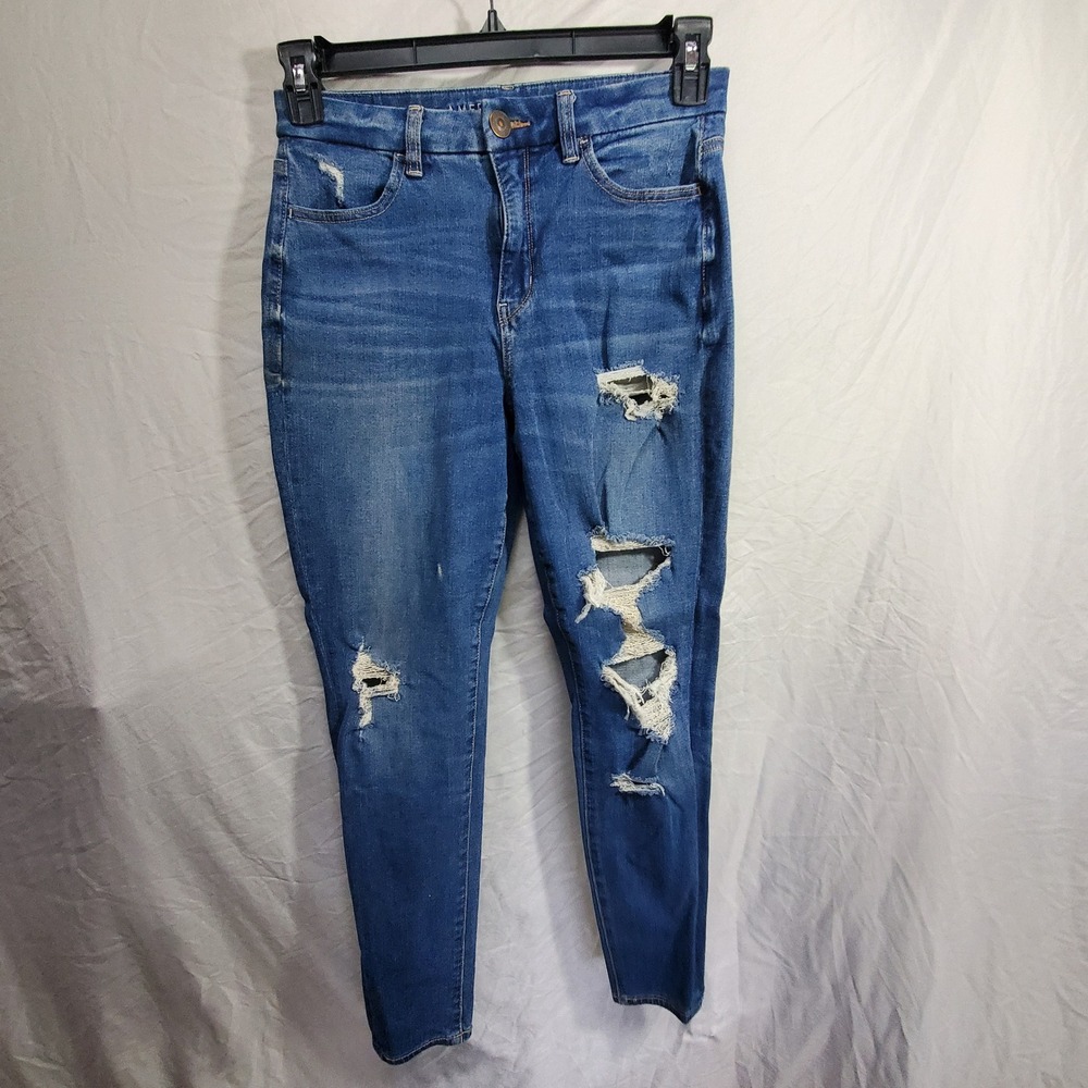 American Eagle The Dream Jean Skinny Distressed Paint Splatter Blue Denim Size 6